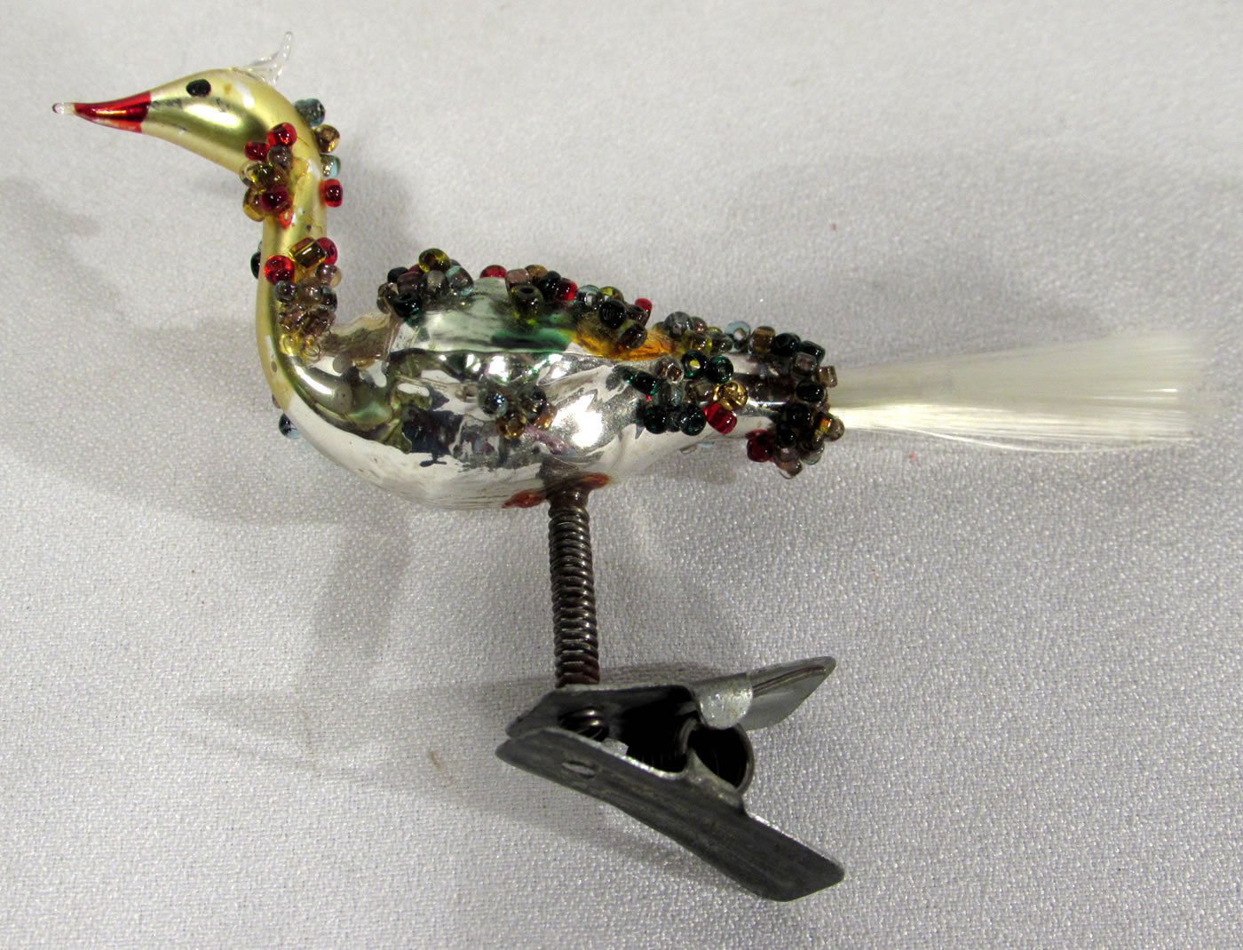Vintage Mercury Glass Christmas Tree Ornament Beaded Peacock on Clip
