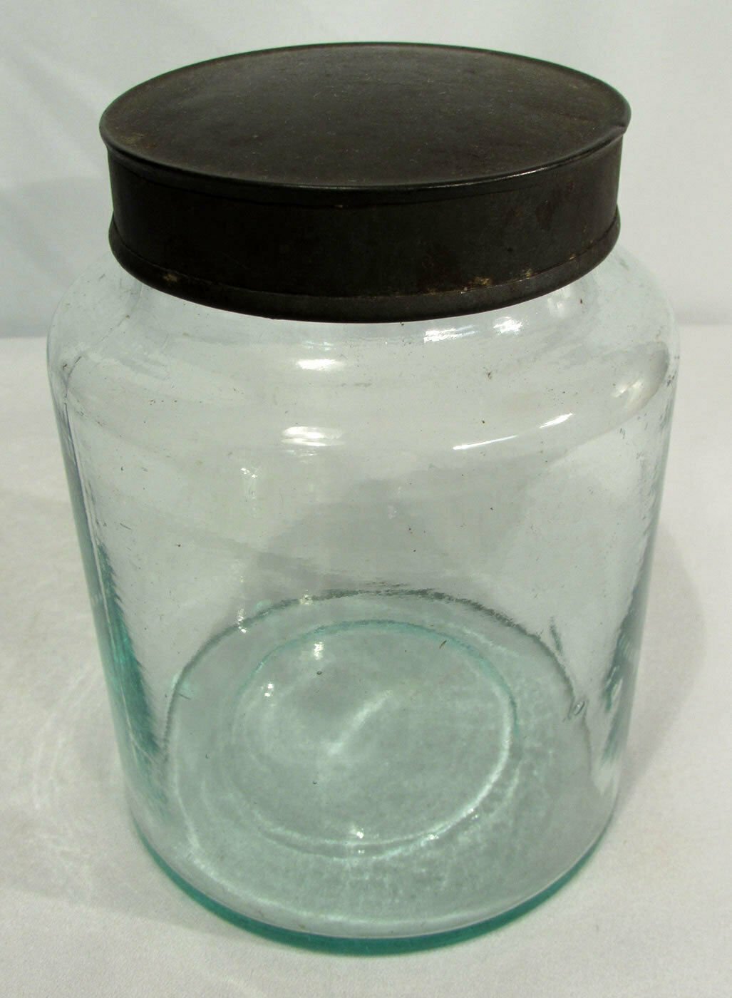 Antique Store Counter Display Jar Aqua Blue Glass Tin Lid Small Size 6"