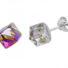 MULTICOLOR 9mm Crystal Cube Rainbow Color Cubic Zirconia Stud Earrings Sterling