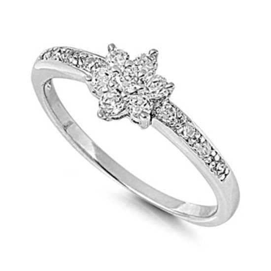 Silver Flower Design Brilliant Pave Band CZ Fashion Ring Solid Sterling ...