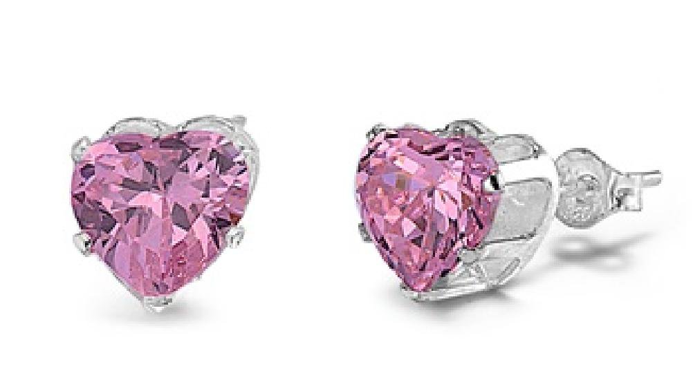 PINK 6mm Heart Shape Pink CZ Solitaire Stud Earrings Sterling Silver Stud Earrin
