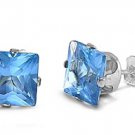 BLUE TOPAZ 3mm Square Cut Blue Topaz Cubic Zirconia Stud Earrings Sterling Silve