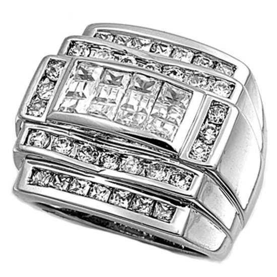 Silver Designer Inspired Invisible Princess Cut Men's Cubic Zirconia Fashion Rin