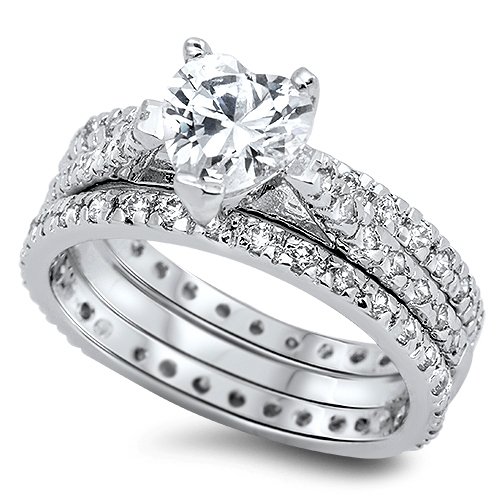 1CT Pave Heart Shape CZ Three Piece Wedding Ring Set Bridal Sterling Silver