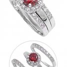 Garnet CZ Halo Three Piece Engagement Ring Set Bridal Sterling Silver