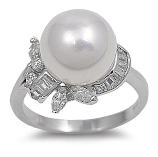 Silver Silver Pearl Cubic Zirconia Ring with Baguettes Solid Sterling CLEAR
