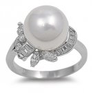 Silver Silver Pearl Cubic Zirconia Ring with Baguettes Solid Sterling CLEAR