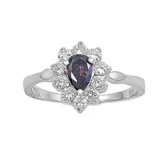 Silver Rainbow Topaz Pear Cut with Brilliant Stones CZ Ring Solid Sterling RAINB