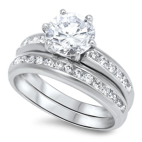 5CT Round Cut Channel Set CZ Engagement Wedding Ring Set Bridal Sterling Silver