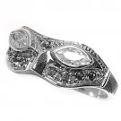 Antique Marquise Cut CZ Vintage Face Mask Design Marcasite Ring Sterling Silver