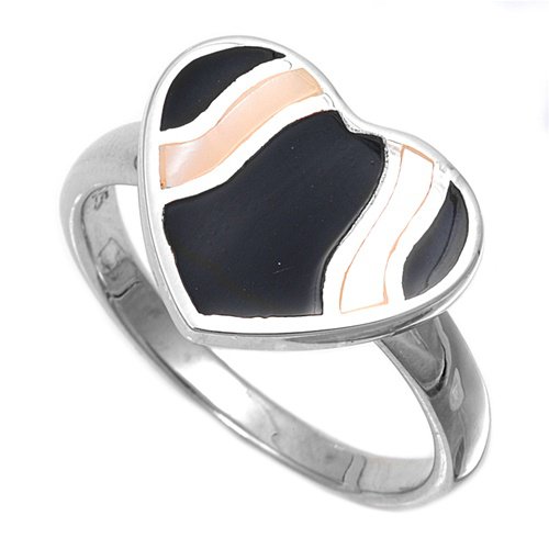 silver Ring W/ Stone - Heart Natural Black Onyx / Mother of Pearl .925 Solid Ste