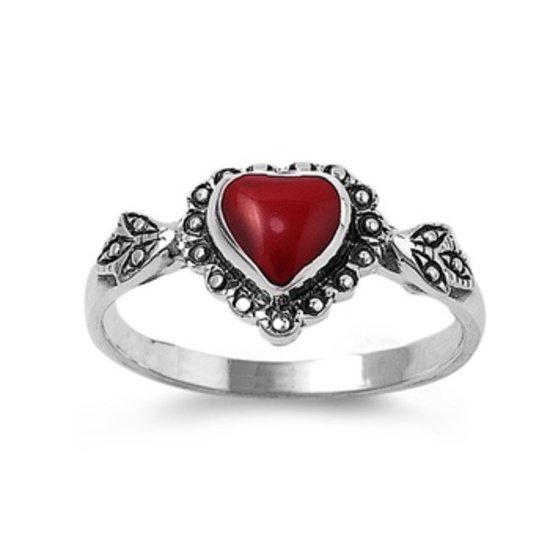 Silver Ring W/ Stone - Heart Natural Red .925 Solid Sterling Silver Ring