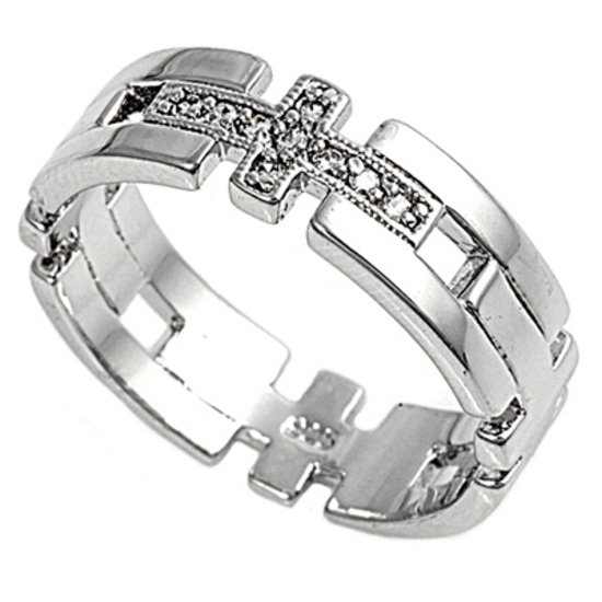 Silver Religious Cross Puzzle Style Band Cubic Zirconia Ring Solid Sterling CLEA