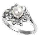 Silver Silver Rhodium Pearl Cubic Zirconia Fashion Ring Solid Sterling CLEAR