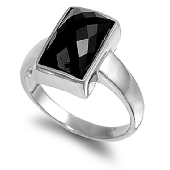 Silver Emerald Cut Solitaire Black Cubic Zirconia Fashion Ring Solid Sterling BL