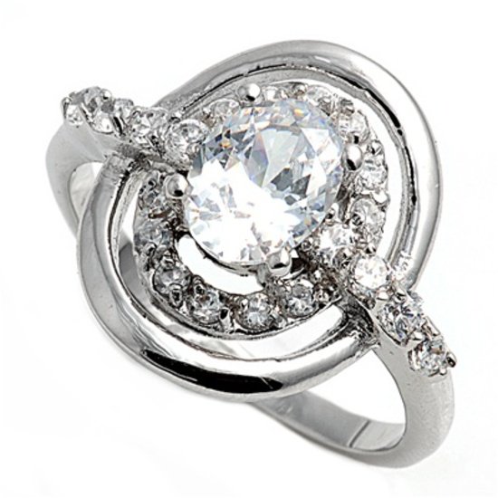 Silver Designer Inspired Oval Cut Cubic Zirconia Fashion Ring Solid Sterling CLE