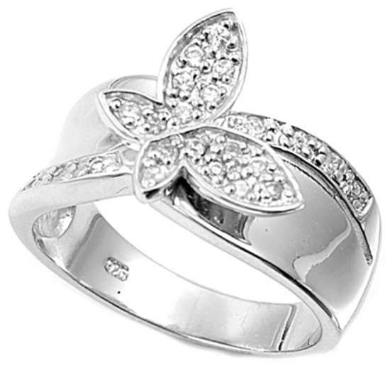 Silver Butterfly Design Pave Cubic Zirconia Fashion Ring Solid Sterling CLEAR