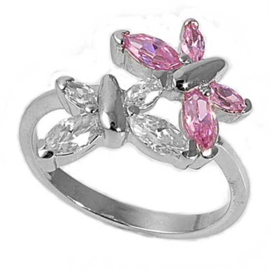 Silver Butterfly Design Marquise Cut Pink Cubic Zirconia Fashion Ring Solid Ster