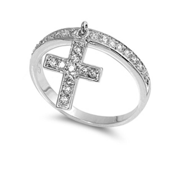 Silver Pave Brilliant Band with Dangling Cross CZ Fashion Ring Solid Sterling CL