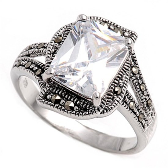 Antique 5CT Solitaire Emerald Cut Cubic Zirconia Marcasite Ring Sterling Silver