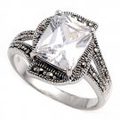 Antique 5CT Solitaire Emerald Cut Cubic Zirconia Marcasite Ring Sterling Silver