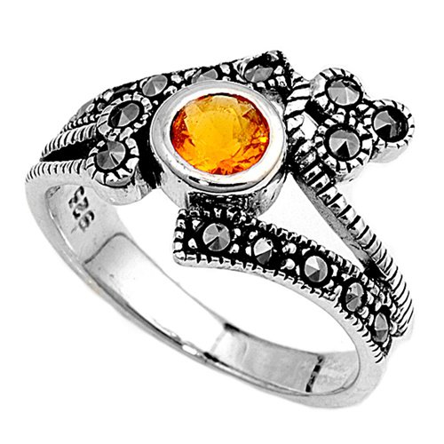 Antique .25CT Brilliant Cut Champagne CZ Marcasite Ring Sterling Silver CHAMPAGN