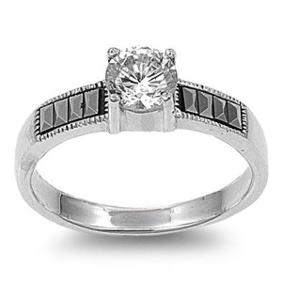 Antique .75CT Brilliant Cut Cubic Zirconia Solitaire Marcasite Ring Sterling Sil