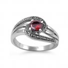 Antique 2CT Brilliant Cut Garnet Cubic Zirconia Marcasite Ring Sterling Silver G