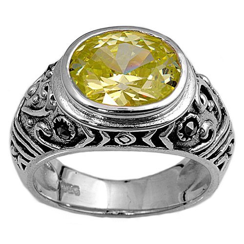 Antique 4CT Bezel Set Oval Cut Peridot CZ Marcasite Ring Sterling Silver PERIDOT