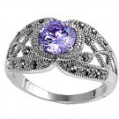 Antique 2CT Solitaire Brilliant Cut Lavender CZ Marcasite Ring Sterling Silver L