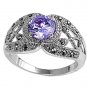 Antique 2CT Solitaire Brilliant Cut Lavender CZ Marcasite Ring Sterling Silver L