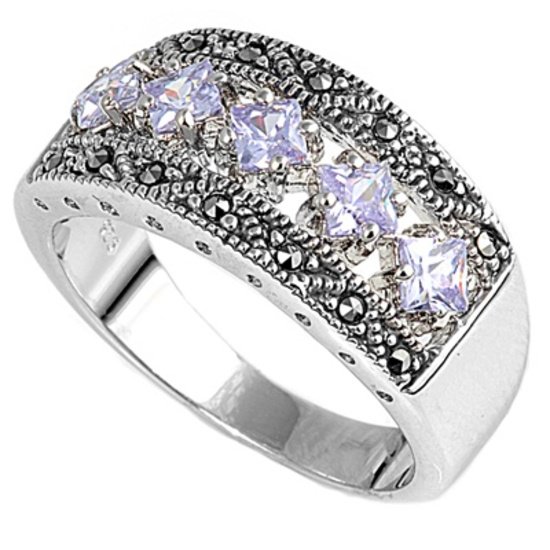 Antique Princess Cut Lavender CZ Tapered Band Marcasite Ring Sterling Silver LAV