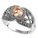 Antique 2CT Solitaire Brilliant Cut Champagne CZ Marcasite Ring Sterling Silver