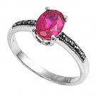 Antique 2CT Oval Cut Ruby Cubic Zirconia Marcasite Ring Sterling Silver RUBY
