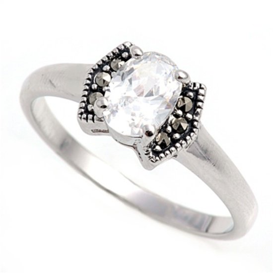 Antique 1CT Oval Cut Cubic Zirconia Silver Marcasite Ring Sterling Silver CLEAR