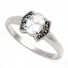 Antique 1CT Oval Cut Cubic Zirconia Silver Marcasite Ring Sterling Silver CLEAR