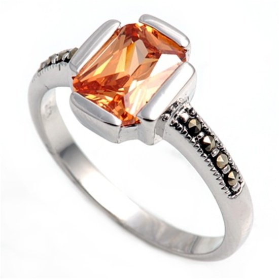 Antique 2CT Emerald Cut Champagne Cubic Zirconia Marcasite Ring Sterling Silver