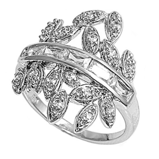 Silver Channel Set Pave Leaves Cubic Zirconia Fashion Ring Solid Sterling CLEAR