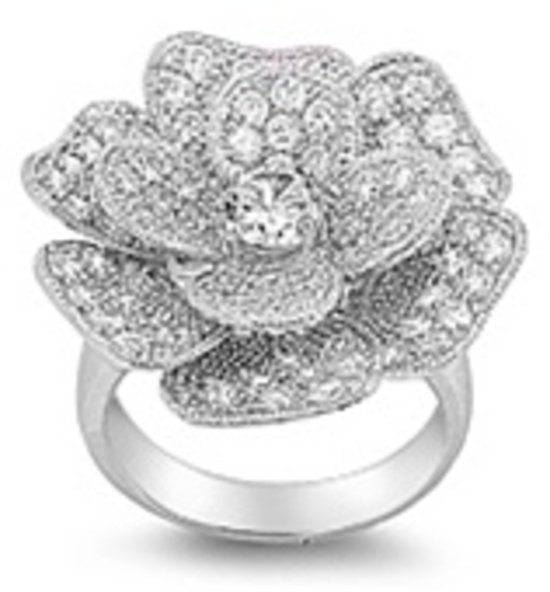 Silver Pave Flower Design Cubic Zirconia Fashion Ring Solid Sterling CLEAR