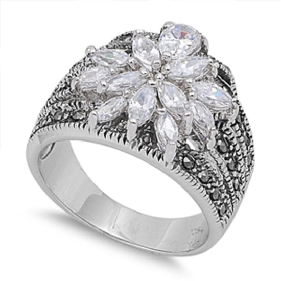 Antique Silver Marcasite Ring Sterling Silver Clear CZ