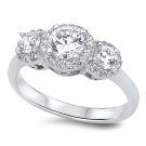 VINTAGE THREE STONE HALO CZ ENGAGEMENT RING Solid Sterling Silver Sterling Silve