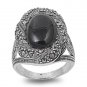 Antique Plus Size Oval Cut Black Onyx CZ Marcasite Ring Sterling Silver BLACK ON