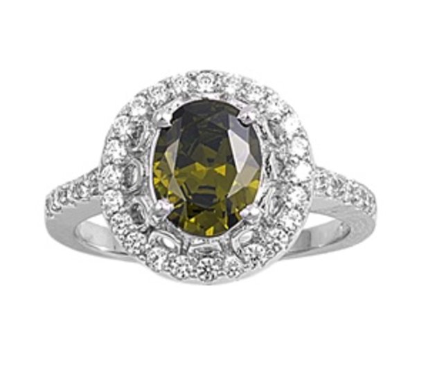 Vintage Pave Oval Cut Olive Green CZ Halo Promise Ring Sterling Silver OLIVE GRE