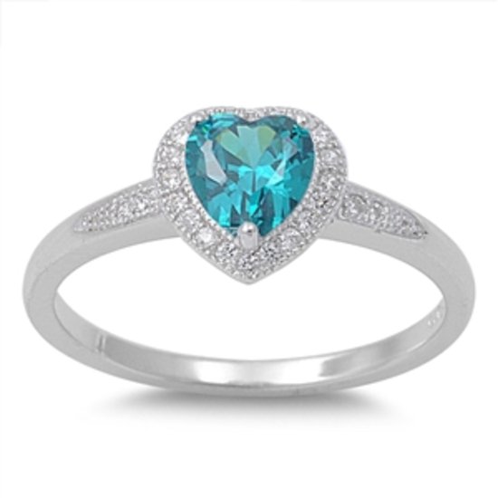 1 CT Heart Shape Blue Topaz CZ HALO Solitaire Sterling Silver Promise Ring Sterl