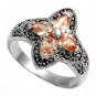Antique Flower Arranged Pear Cut Champagne CZ Marcasite Ring Sterling Silver CHA