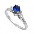 Silver 1CT Vintage Brilliant Cut Blue Sapphire CZ Solitaire Ring Solid Sterling