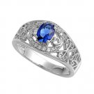 Silver 2CT Vintage Oval Cut Blue Sapphire Cubic Zirconia Solitaire Ring Solid St