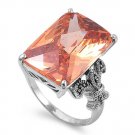Antique Fleur De Lis Shank Emerald Cut Champagne CZ Marcasite Ring Sterling Silv