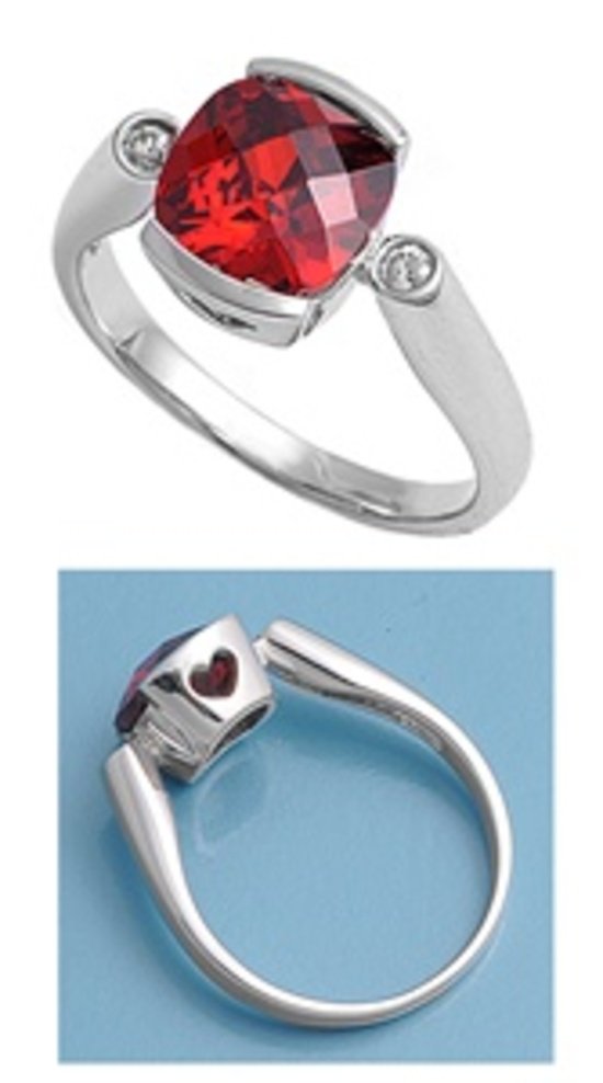 Silver 2CT Cushion Cut Half Bezel Ruby Cubic Zirconia Ring Solid Sterling RUBY