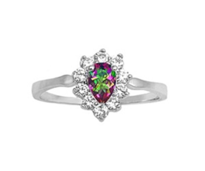 Silver 1CT Pear Cut Rainbow Topaz Cubic Zirconia Fashion Ring Solid Sterling RAI